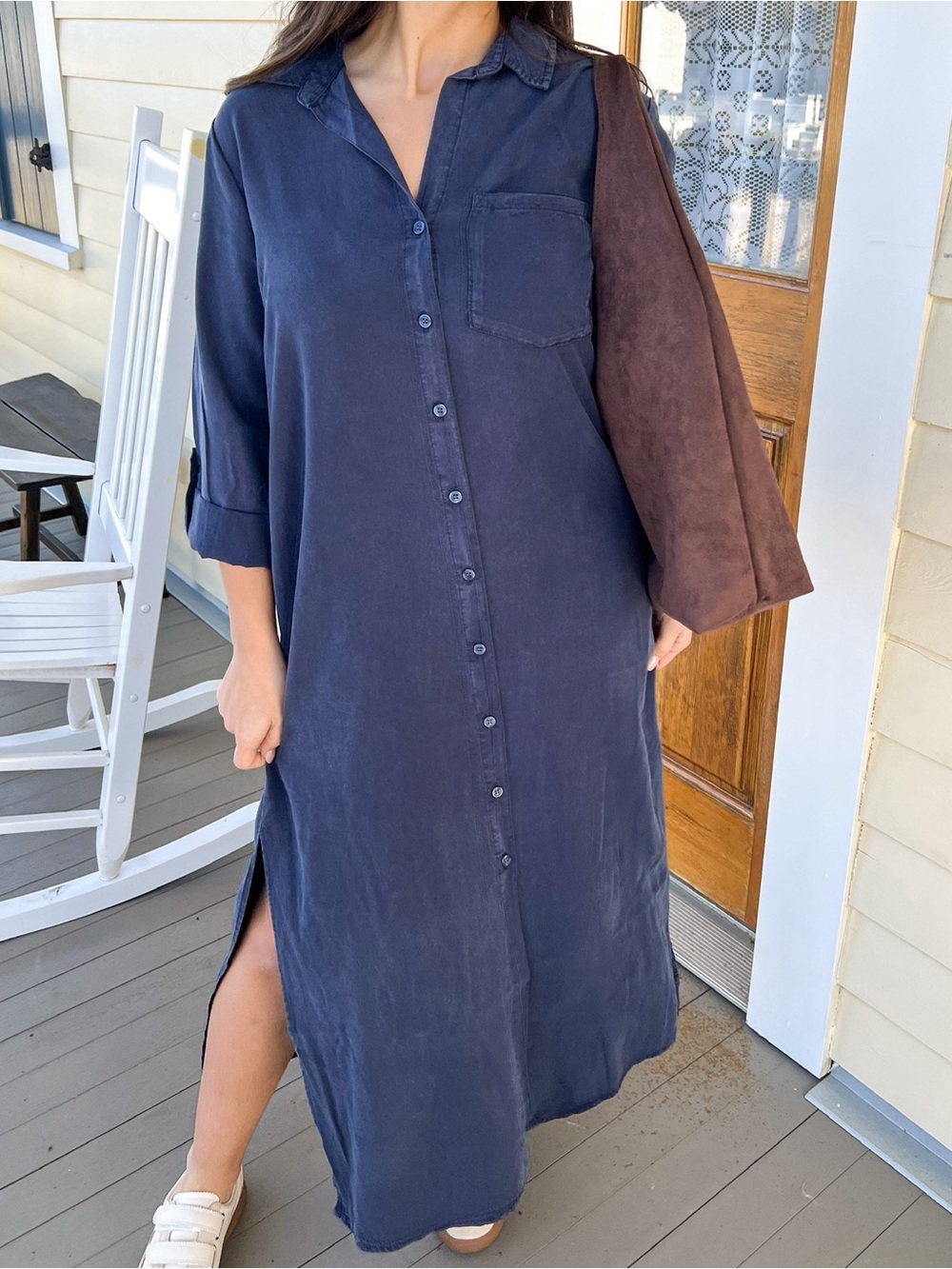 Velvet Heart Navy Button-Front Maxi Shirt Dress